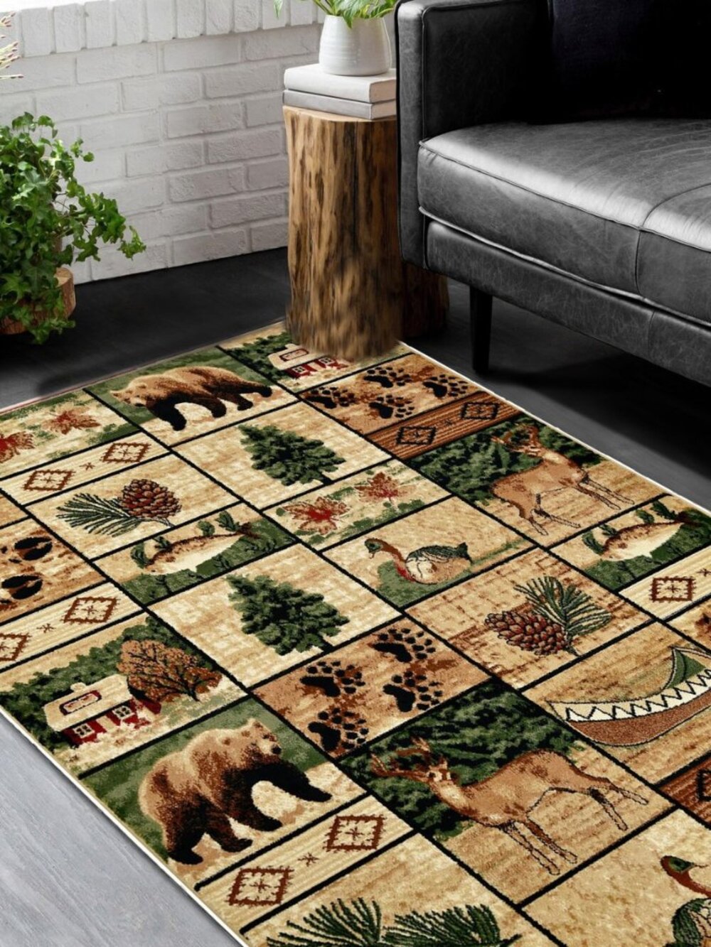 HR-Cabin Rug–Lodge, Cabin Nature and Animals Area Rug–Modern Geometric Pattern